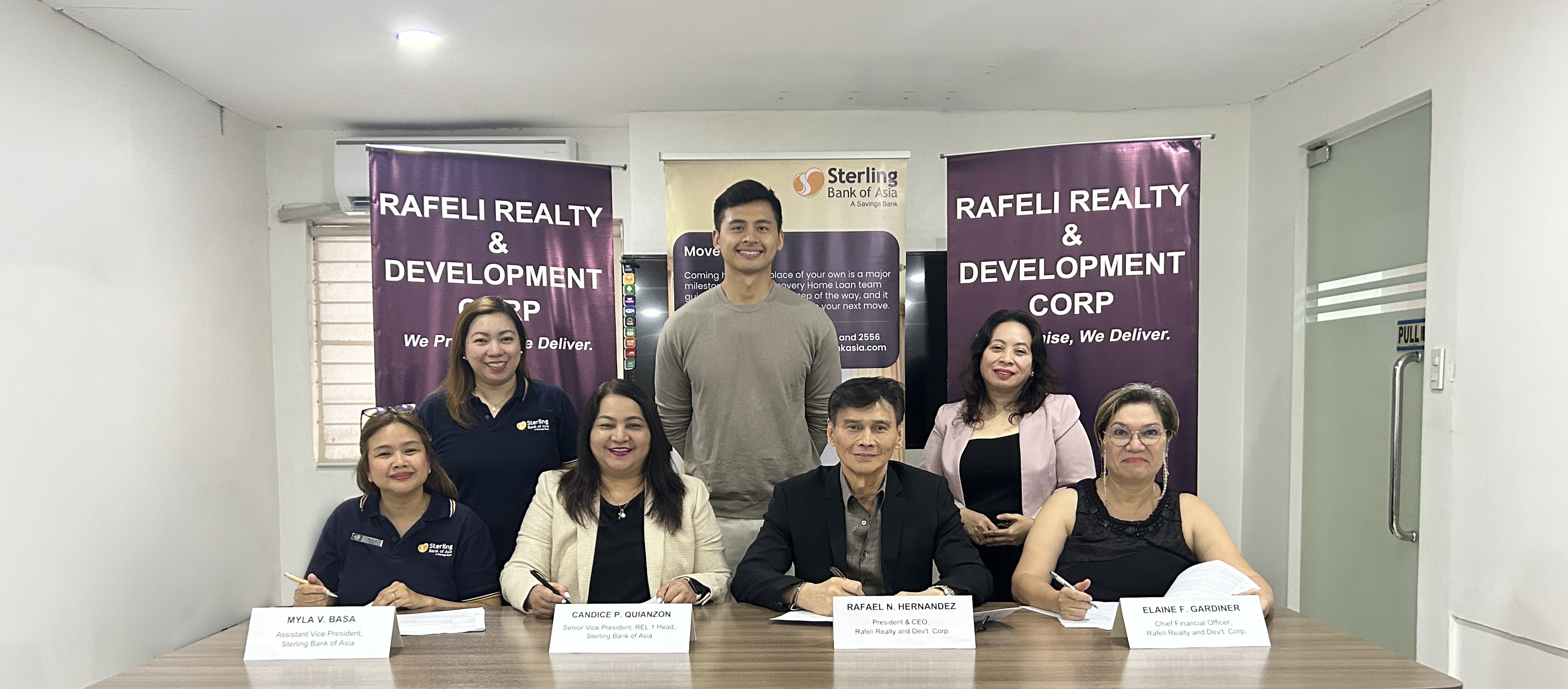 Sterling Bank of Asia (SBA) and Rafeli Realty and Development Corp. (RRDC) pose after the Memorandum of Agreement signing in Makati City. In photo (L-R standing and seated): SBA AVP Myla Basa, SBA Accounting Office Joyce Denum, SBA SVP Candice Quianzon, RRDC Finance and Loan Officer Ralph Kristian Hernandez, RRDC President and CEO Rafael Hernandez, RRDC Corporate Secretary Karen Dalino and RRDC Chief Financial Officer Elaine Gardiner.